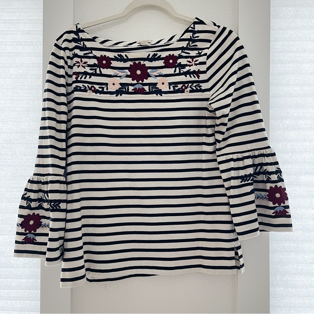 J Crew Bell Sleeve Embroidered Stripe Top